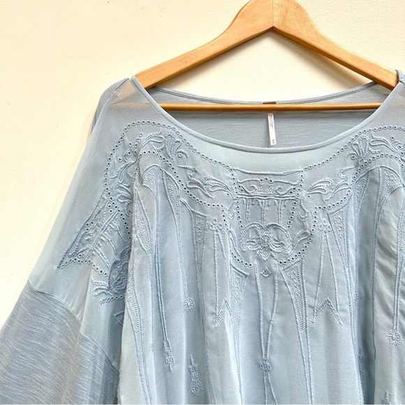 Free People Pandora Slate Blue Embroidered Sheer Blouse, Size Medium - Picture 7 of 11